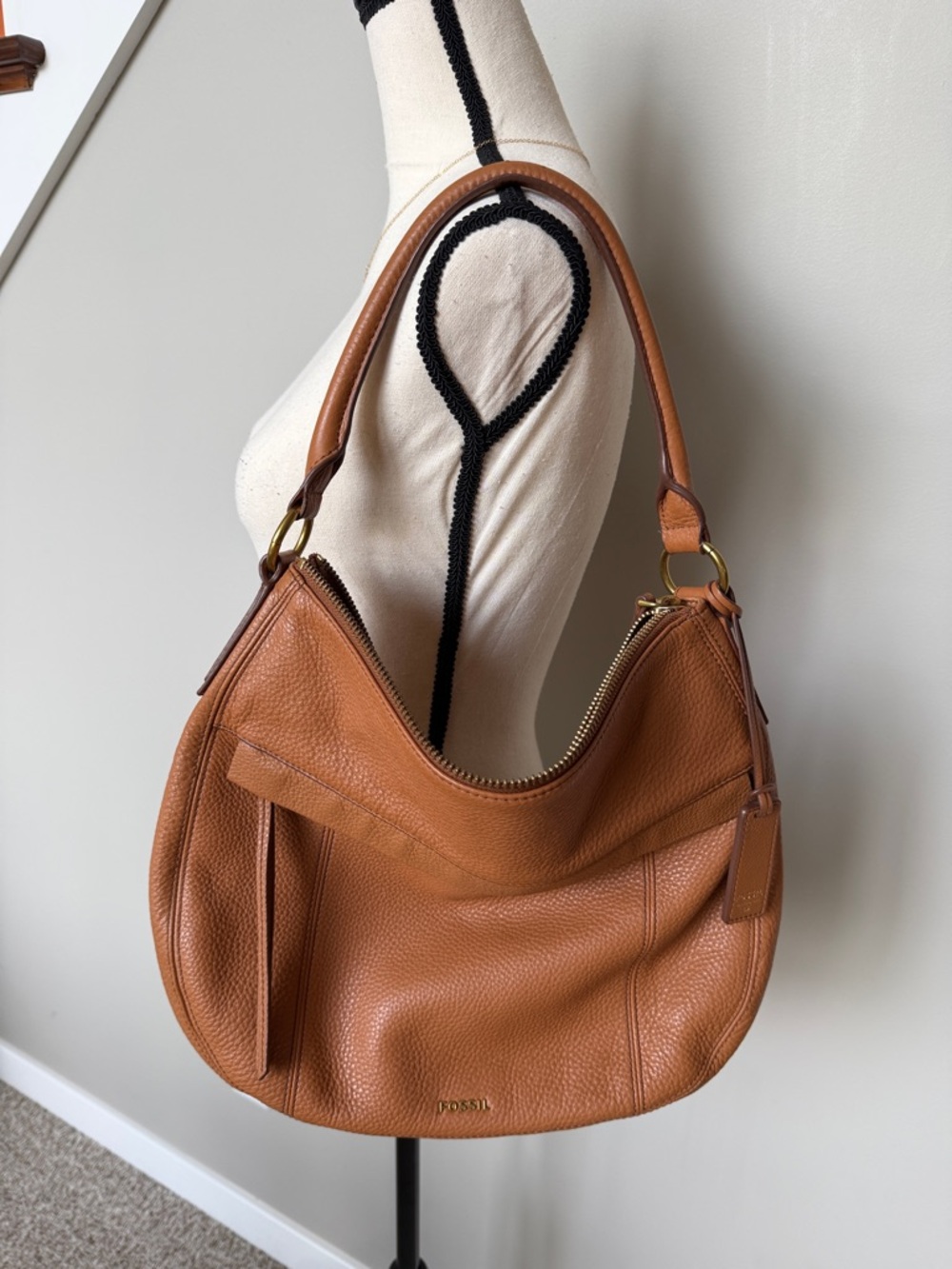 Fossil Cognac Pebbled Leather Hobo Shoulder Bag
